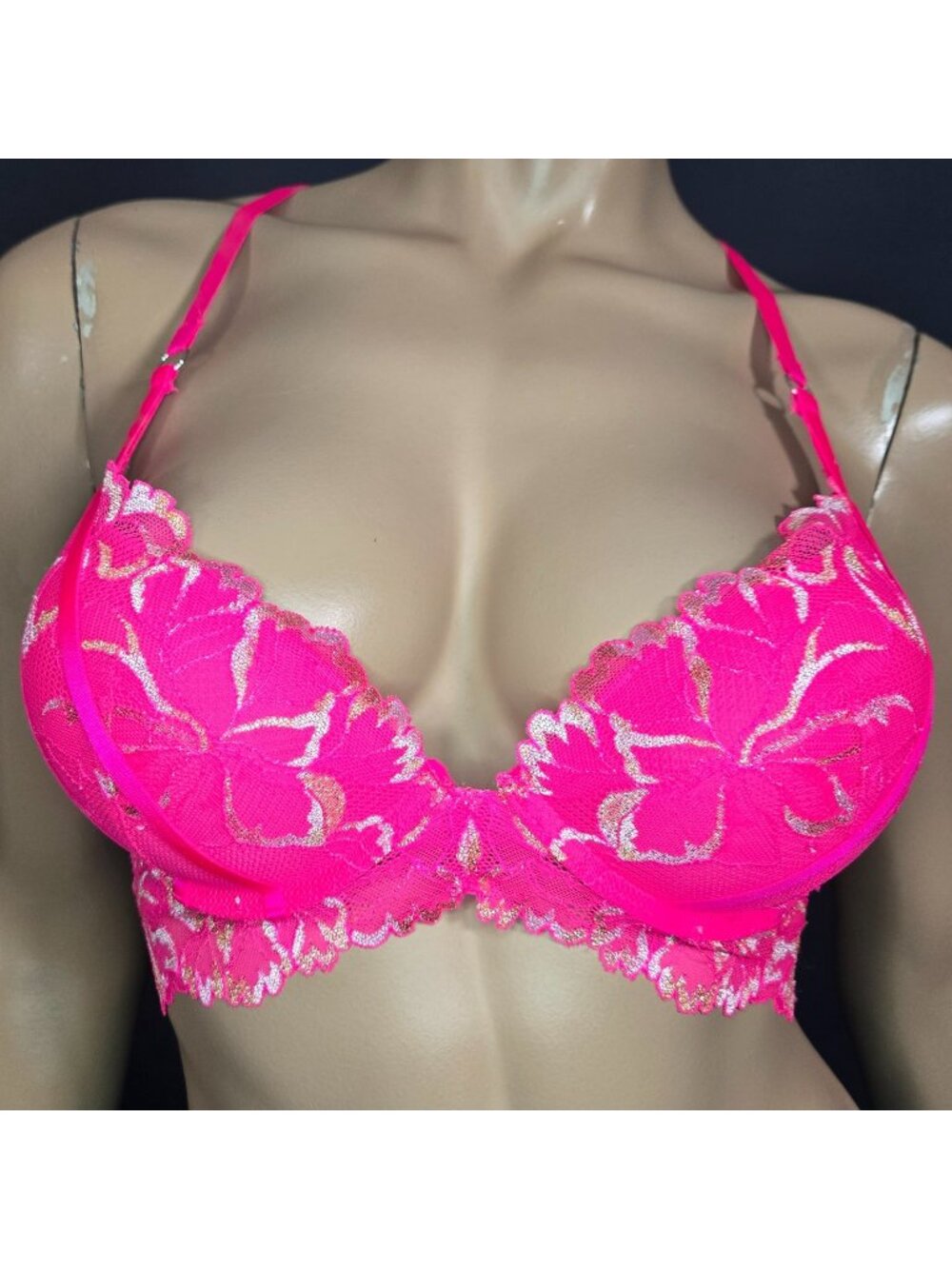 Y2K La Senza Neon Hot Pink Lace Push Up Bra 32B Hello Sugar Plunge McBling